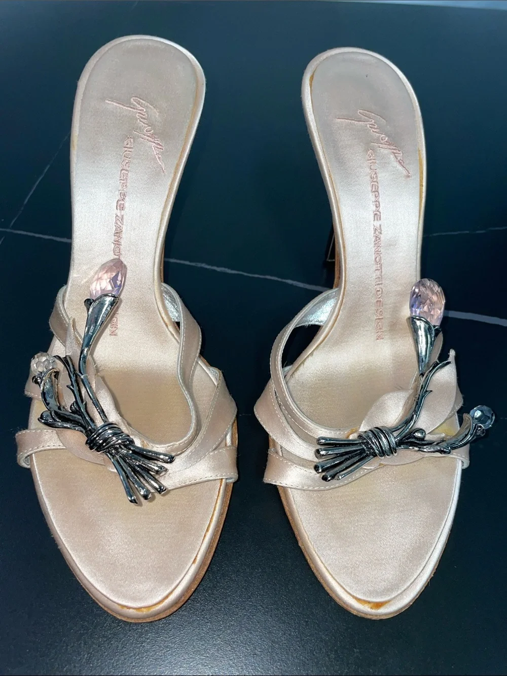 GUISEPPE ZANOTTI CRYSTAL AND SILVER TONE CHAMPAGNE SATIN HEEL MULES FTL-08-203